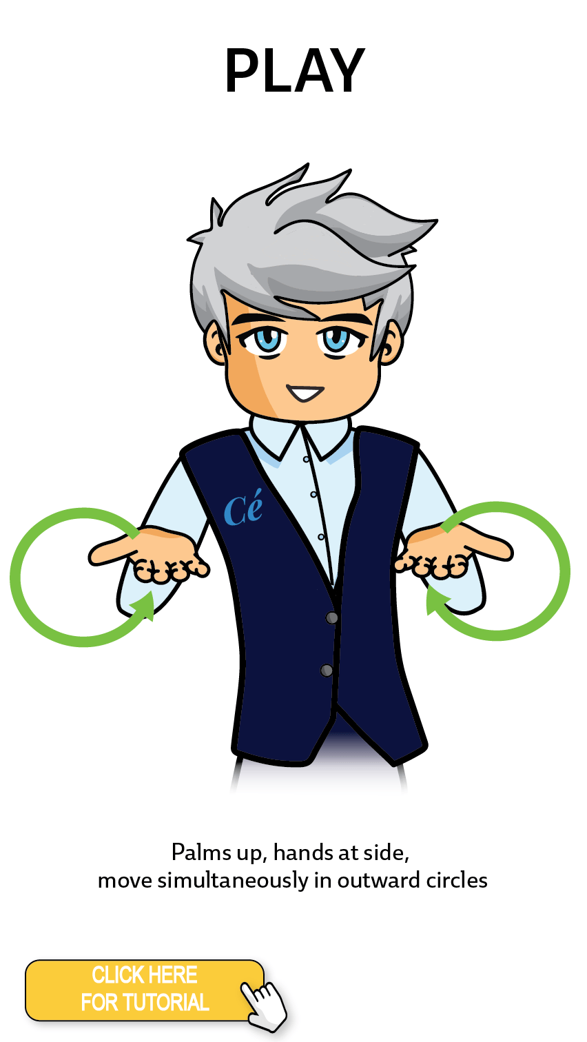The Cérge character performing sign language for the word Play. The Keyword Sign instructions are: Palms up, hands at side, move simultaneously in outward circles.